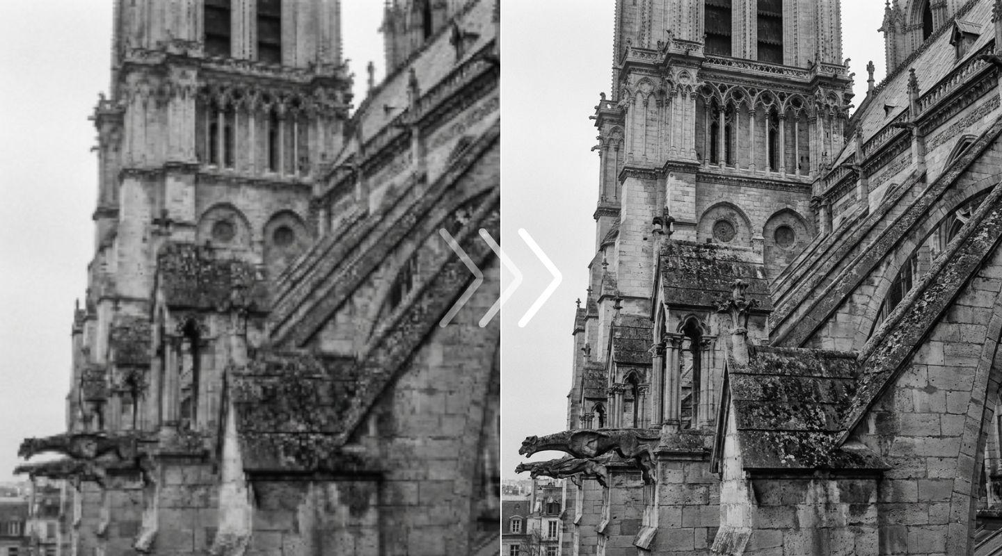 Black and white architectural photo showing crisp edge recovery without halos or over-processing