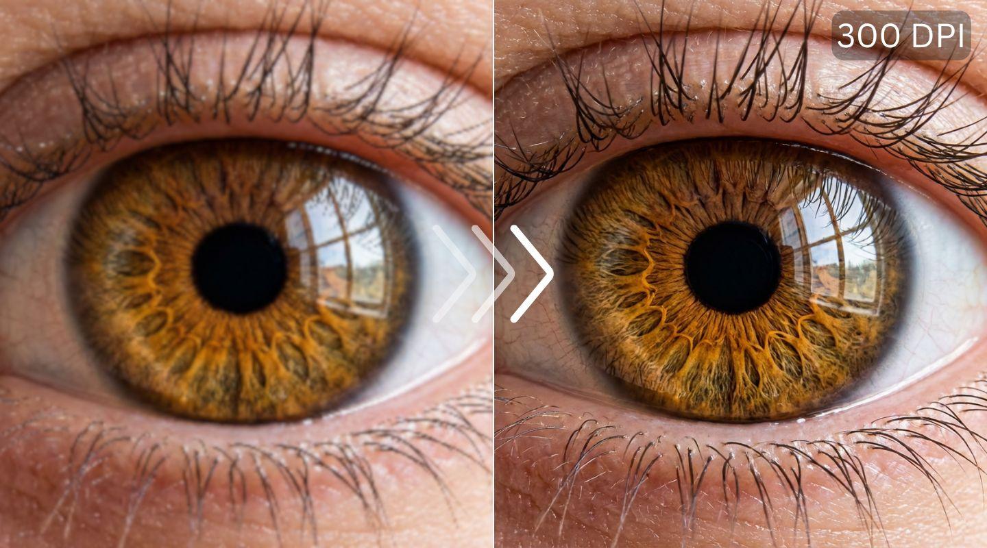 Macro eye detail showing 512 megapixel upscaling capability