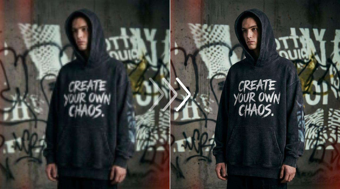 Side-by-side showing compression artifact removal and detail recovery on portrait