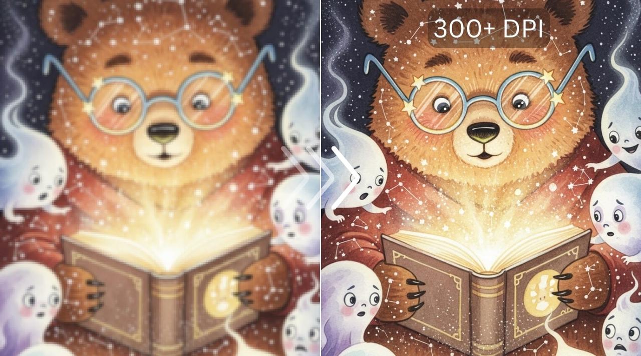 AI art upscaling software interface showing before and after results of a high-resolution transformation