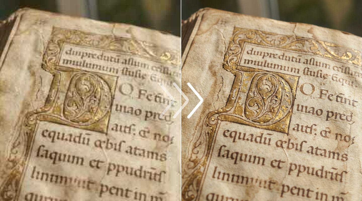 Old manuscript macro shot comparing blurred text to sharpened, readable text