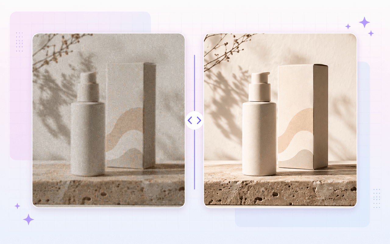 Product photo before and after API image enhancement showing reduced blur and corrected lighting
